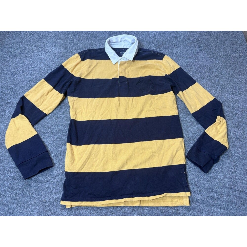 American Eagle Outfitters Polo Shirt Mens S Blue Yellow Rugby Stripe Cotton